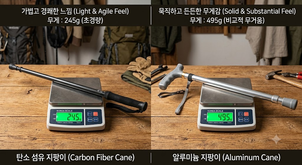 카본 소재와 알루미늄 소재 시니어 지팡이 무게 비교