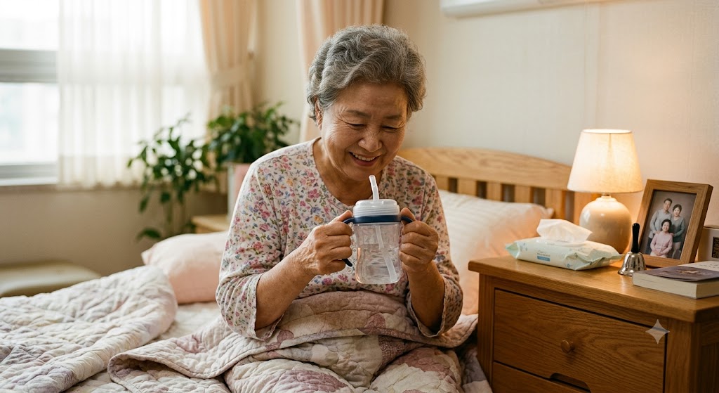 어르신이 침대 옆 협탁 위에 놓인 손잡이가 튼튼하고 가벼운 투명 빨대 컵을 양손으로 편안하게 쥐고 있는 따뜻한 톤의 사진
