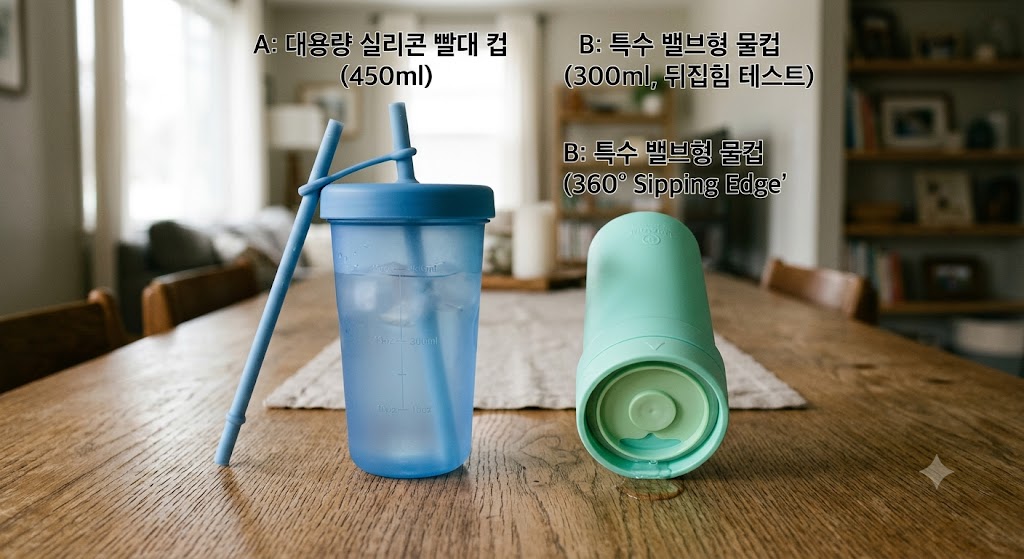 식탁 위에 놓인 대용량 실리콘 빨대 컵과 뒤집어져도 새지 않는 특수 밸브형 물컵의 디자인 비교 구조도 사진