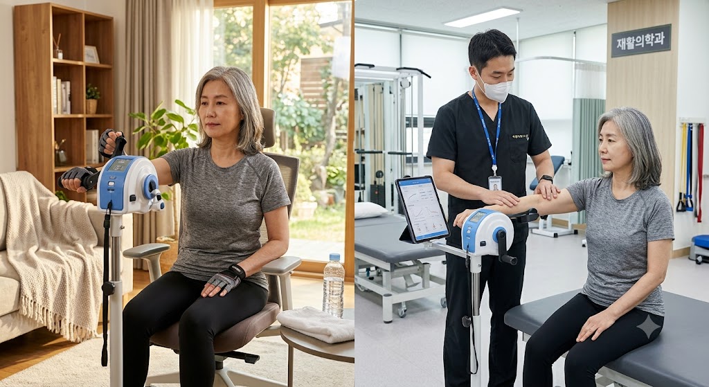 가정용 재활 운동 기구와 전문가 상담 모습을 비교