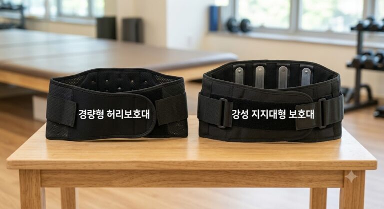경량형 허리보호대와 강성 지지대형 보호대를 비교