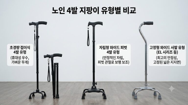 노인 4발 지팡이 추천 초경량 접이식 4발 유형,자립형 와이드 피벗 4발 유형,고정형 와이드 사발(EL 시리즈 등) 유형의 비교 사진