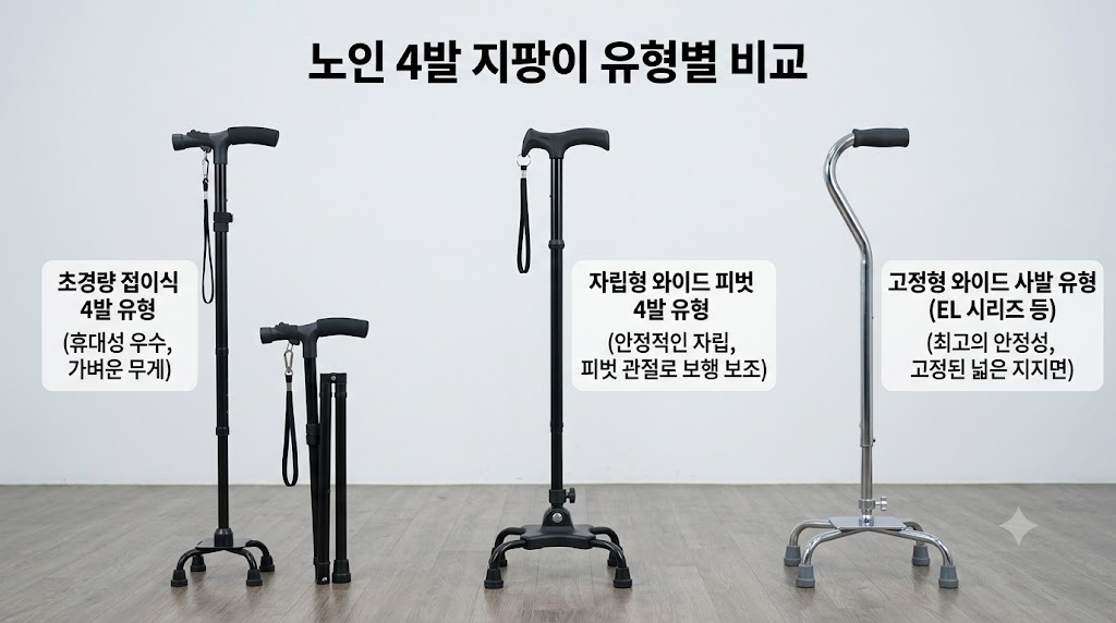 노인 4발 지팡이 추천 초경량 접이식 4발 유형,자립형 와이드 피벗 4발 유형,고정형 와이드 사발(EL 시리즈 등) 유형의 비교 사진