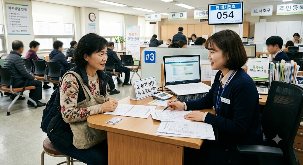 노인 급식 지원사업 에 관해 주민센터 창구에서 복지 담당자와 신청 상담을 받는 모습