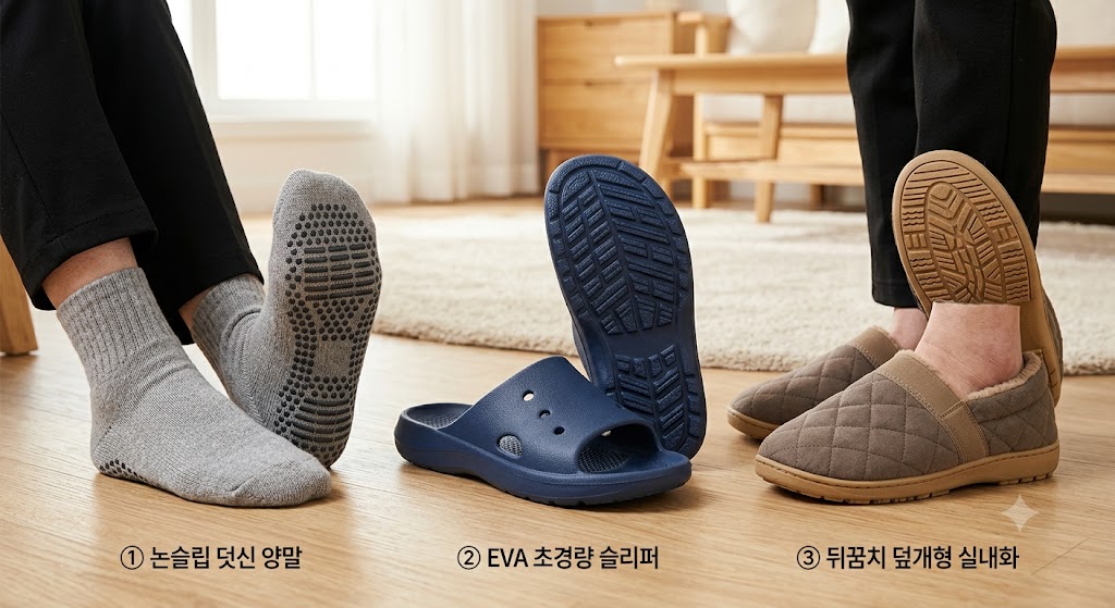 노인 미끄럼방지 실내화의 논슬립 덧신 양말,EVA 초경량 슬리퍼 ,뒤꿈치 덮개형 실내화 이3가지의 실내화 비교 사진