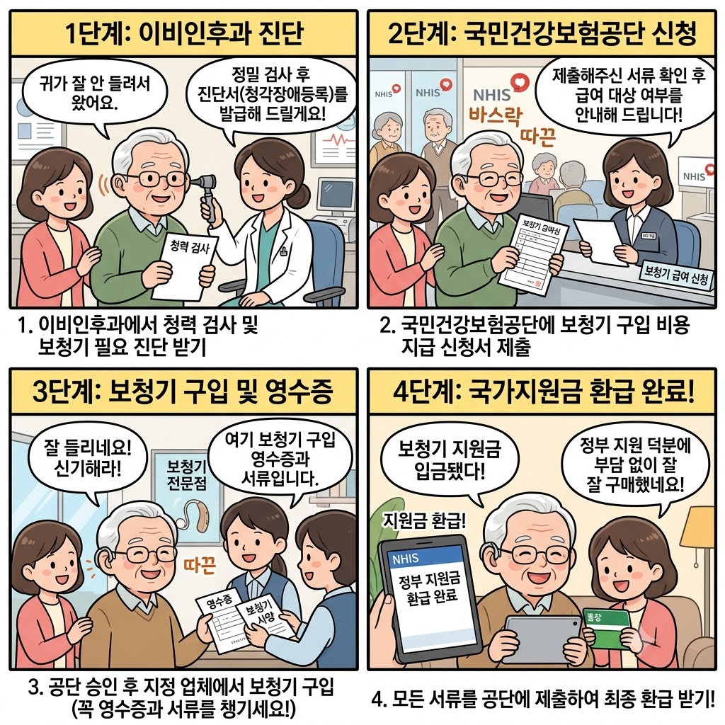 노인 보청기 국가지원금 신청 방법 주제의 4컷짜리 만화