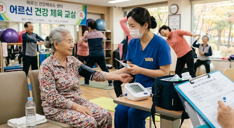 노인 운동 전 건강 상태 확인 하는 모습