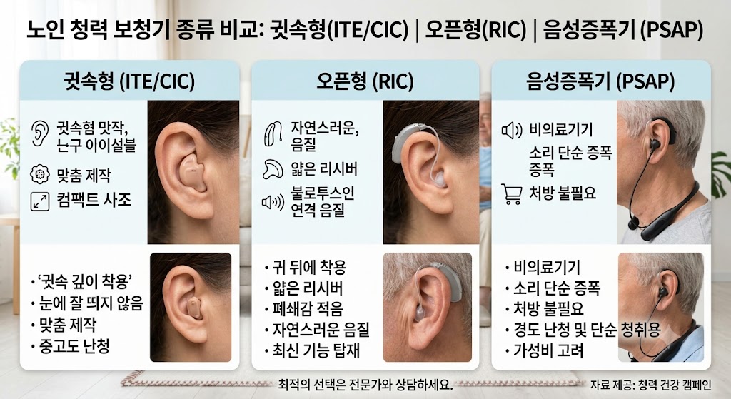 노인 청력 보청기 종류중에 귓속형 유형,오픈형 유형,음성증폭기 유형 3가지를 비교하는 사진