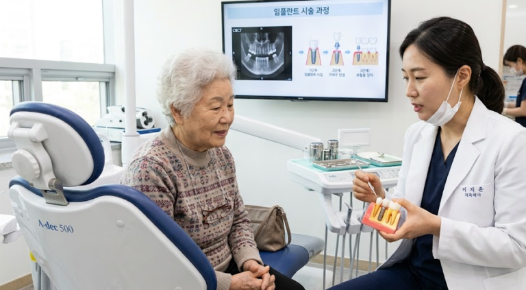 노인이 치과 에서 임플란트 시술을 설명받는 모습