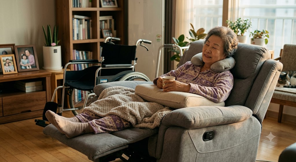 [뇌병변장애 보조기기]가정 내에서 보조기기를 활용해 편안하게 휴식을 취하는 모습 사진 이미지