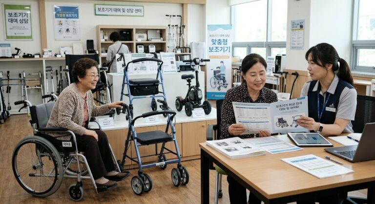 [뇌병변장애 보조기기]보조기기 대여 상담을 받으며 제품을 비교하는 모습 사진 이미지