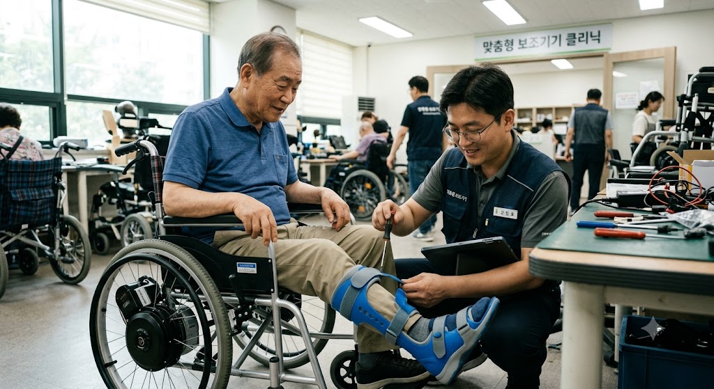 [뇌병변장애 보조기기]휠체어 동력 보조장치와 맞춤형 보조기기를 점검하는 모습 사진 이미지