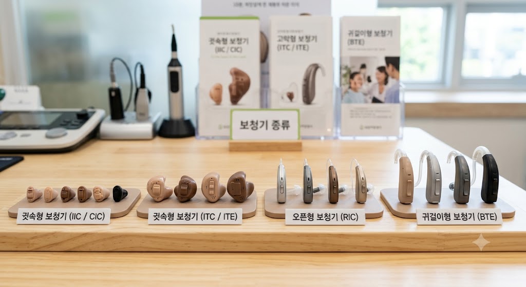 다양한 보청기 유형(귓속형, 오픈형)이 깔끔하게 정리되어 놓여 있는 모습 의 사진
