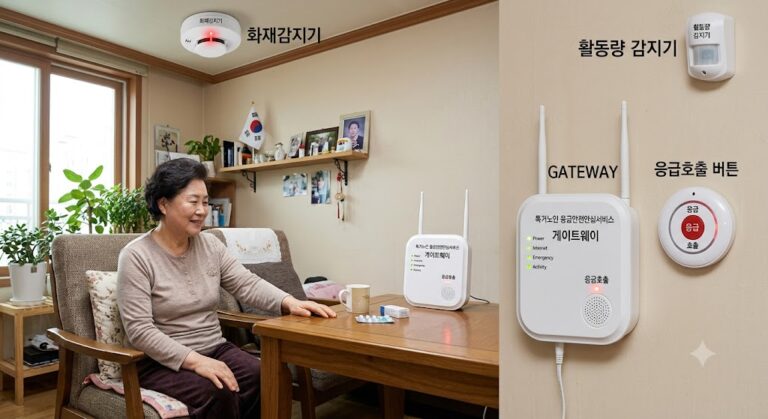 독거노인 응급안전안심서비스에서 게이트웨이 및 응급호출 버튼,화재감지기,활동량 감지기가 잘 보이는 사진