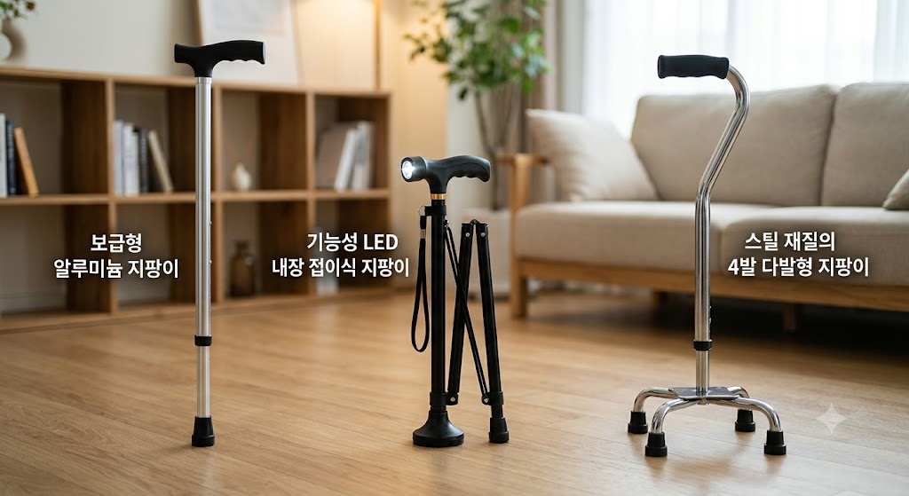 보급형 알루미늄 지팡이,기능성 LED 내장 접이식 지팡이,스틸 재질의 4발 다발형 지팡이 비교 사진