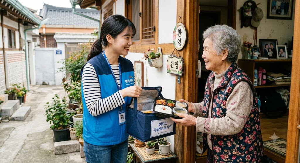 봉사자가 어르신 자택을 방문해 도시락을 전달하는 사진