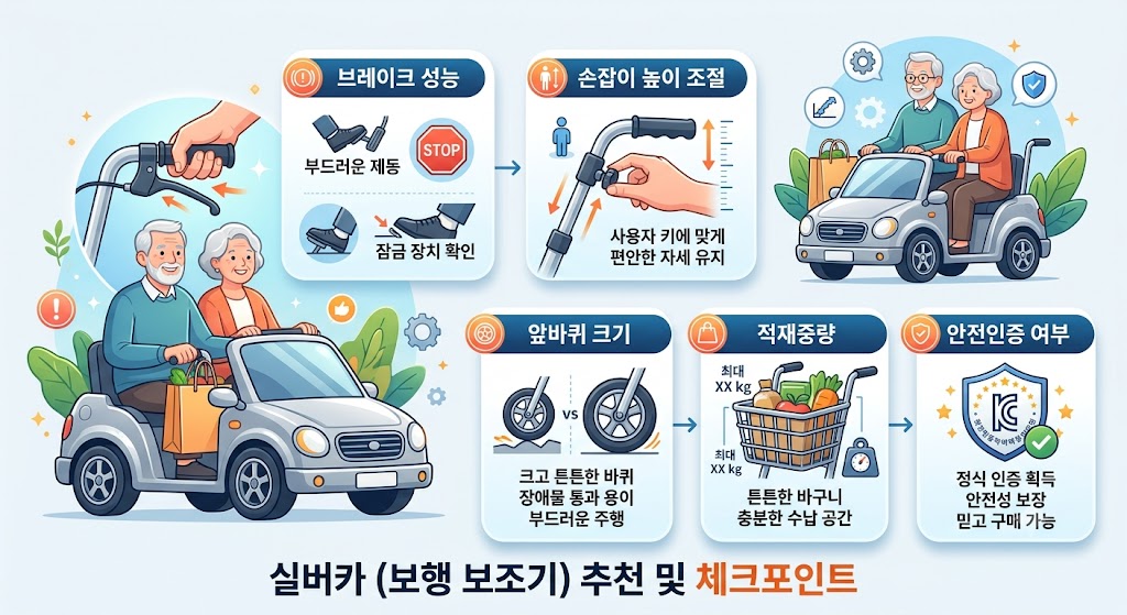실버카 추천 하는 기능에 브레이크 성능,손잡이 높이 조절,앞바퀴 크기와 적재중량,안전인증 여부를 설명