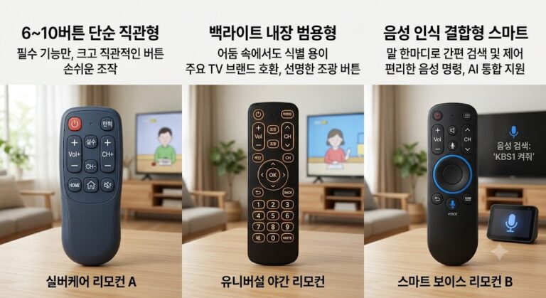 어르신들을 위한 리모컨 중에 6~10버튼 단순 직관형,백라이트 내장 범용형,음성 인식 결합형 스마트 리모컨의 3가지 리모컨의 비교 사진