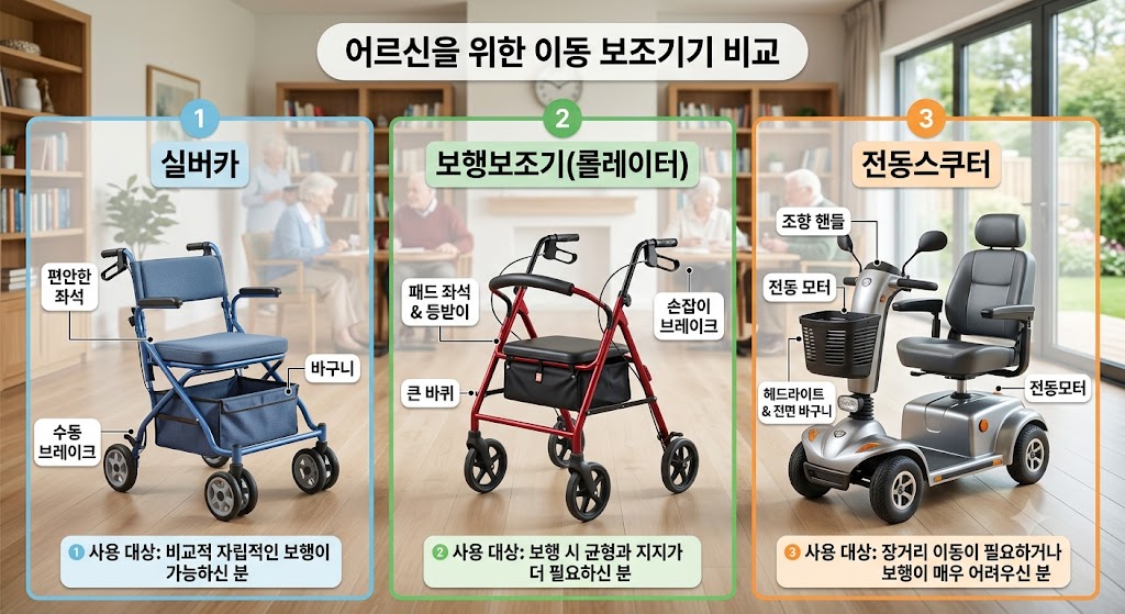 어르신들을 위한 실버카,보행보조기(롤레이터),전동스쿠터 비교를 하는 사진