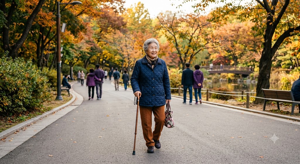 어르신이 지팡이를 짚고 공원 산책로를 안전하게 걷는 모습