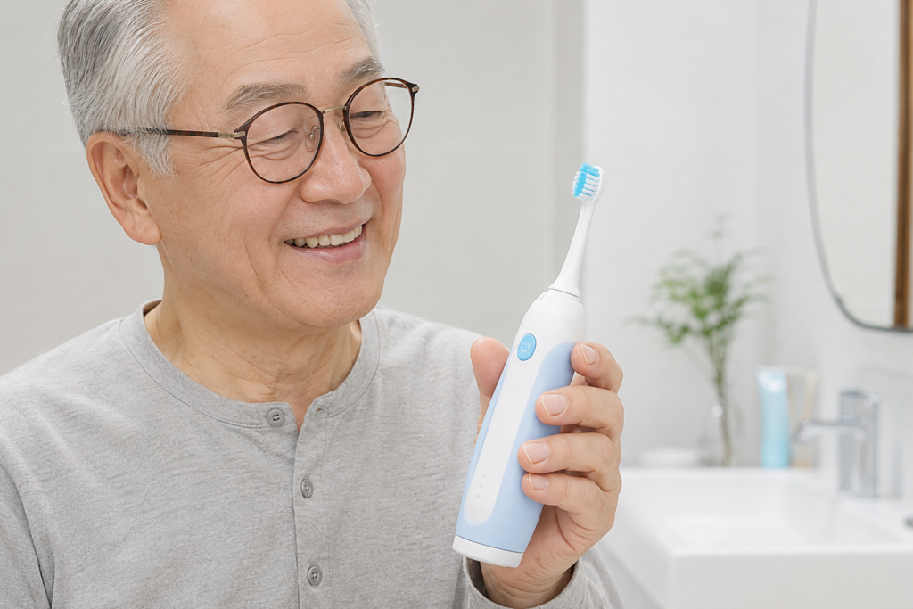 어르신이 편안하게 잡고 쓸 수 있는 도톰한 그립의 음파 전동칫솔 사진