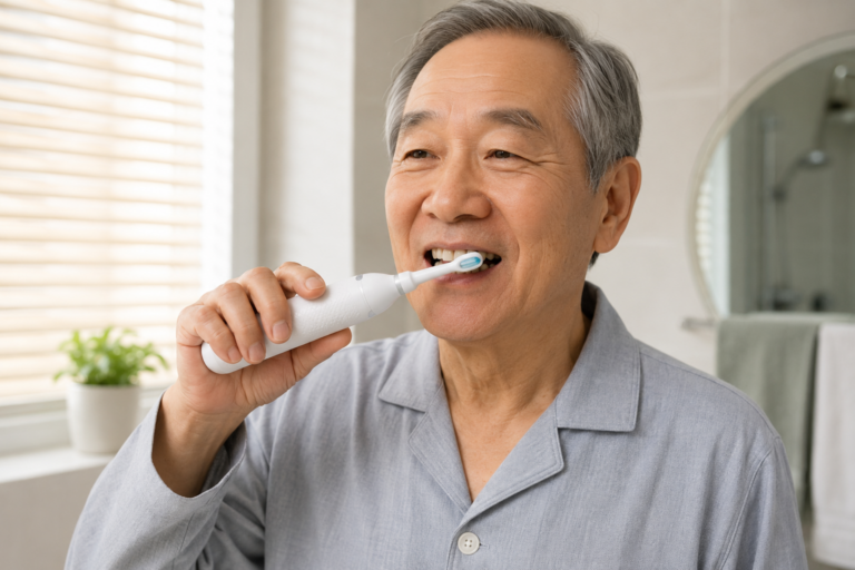 어르신이 편안하게 잡고 쓸 수 있는 도톰한 그립의 음파 전동칫솔을 사용중인 사진