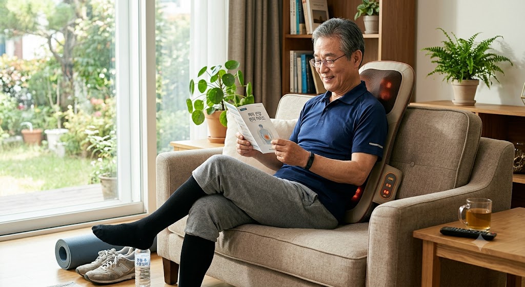 운동 후 편안하게 쉬면서 허리 건강을 관리하는 시니어의 모습