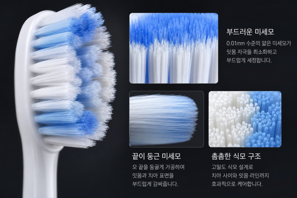 음파 시니어 전동칫솔의 부드러운 미세모 구조를 확대하여 보여주는 세부 사진