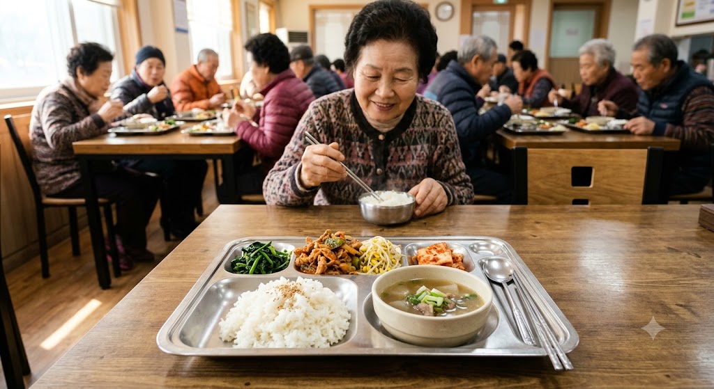노인 급식 지원사업 에 관해 주민센터 창구에서 복지 담당자와 신청 상담을 받는 모습