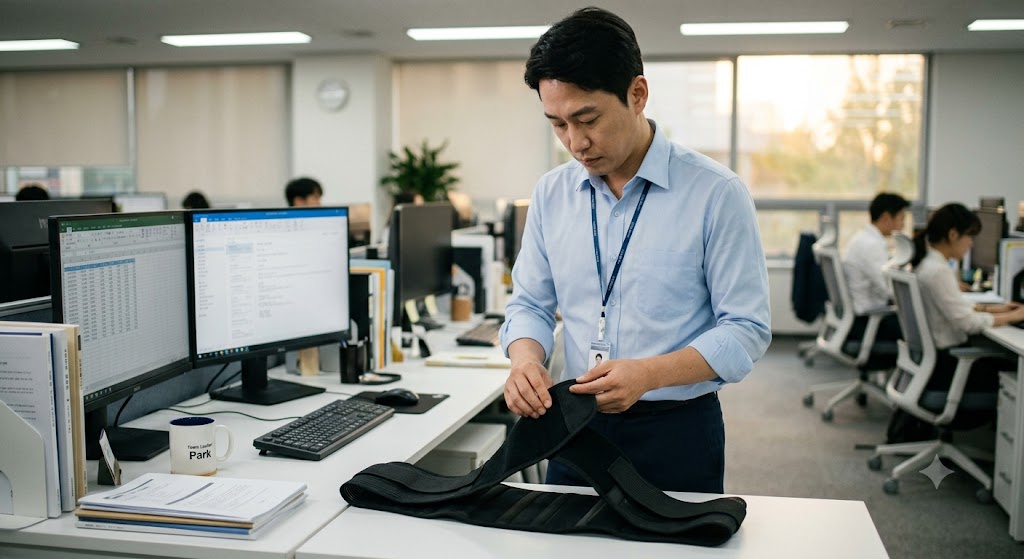 직장인이 허리복대 를 다듬으며 상태를 점검하는 모습 사진 이미지