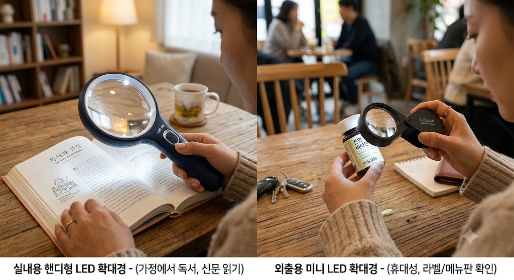 집안용 핸디형 LED 확대경 비교 사진