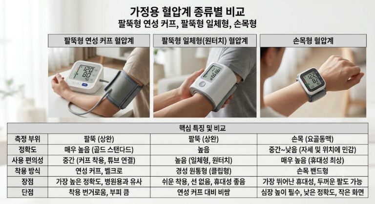 팔뚝형 연성 커프 혈압계,팔뚝형 일체형(원터치) 혈압계 ,손목형 혈압계 의 비교 사진