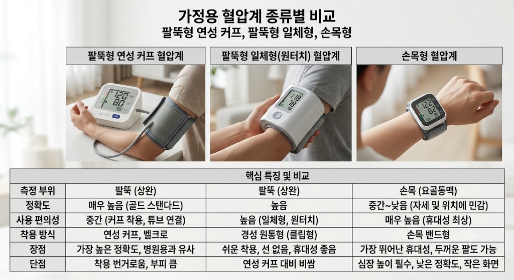 팔뚝형 연성 커프 혈압계,팔뚝형 일체형(원터치) 혈압계 ,손목형 혈압계 의 비교 사진