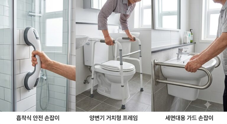 흡착식 안전 손잡이,양변기 거치형 프레임,세면대용 가드 손잡이의 노인 안전 손잡이 비교 사진