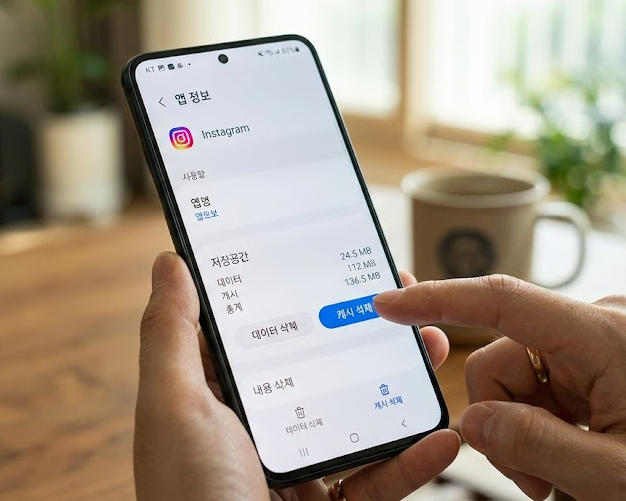 스마트폰 설정에서 앱 캐시와 저장공간 항목을 확인하는 모습