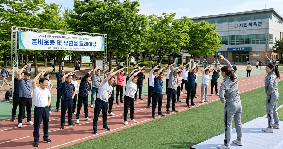 어르신들이 지역 생활체육 프로그램에서 준비운동을 하는 모습