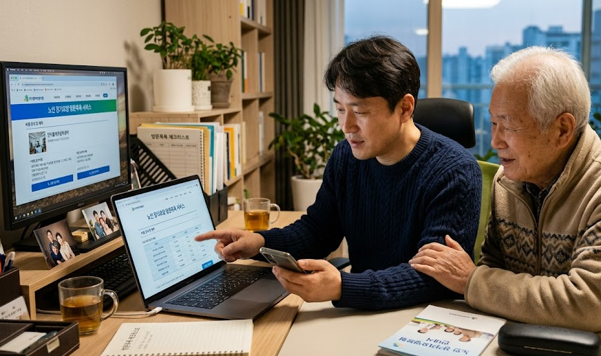 가족이 방문목욕 기관과 비용 정보를 공식 홈페이지에서 확인하는 모습