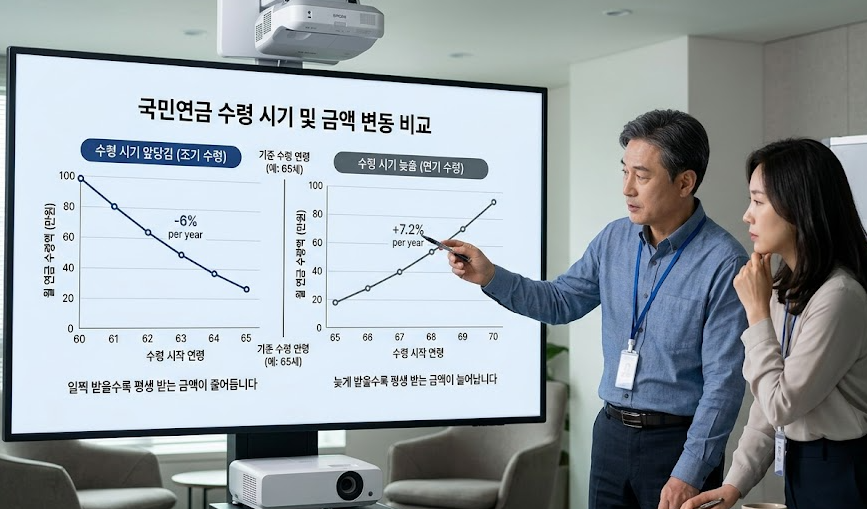 국민연금 조기 수령과 연기 시 금액 변화를 비교하는 모습