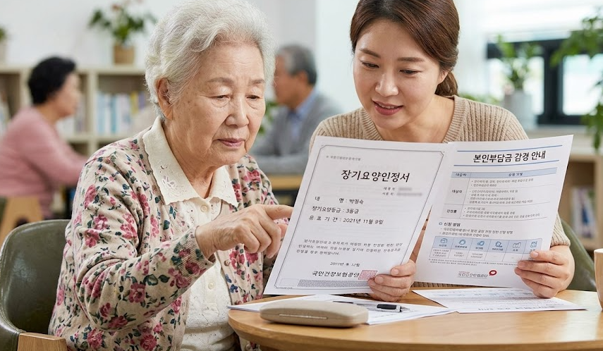 장기요양인정서와 본인부담금 감경 적용 여부를 확인하는 모습