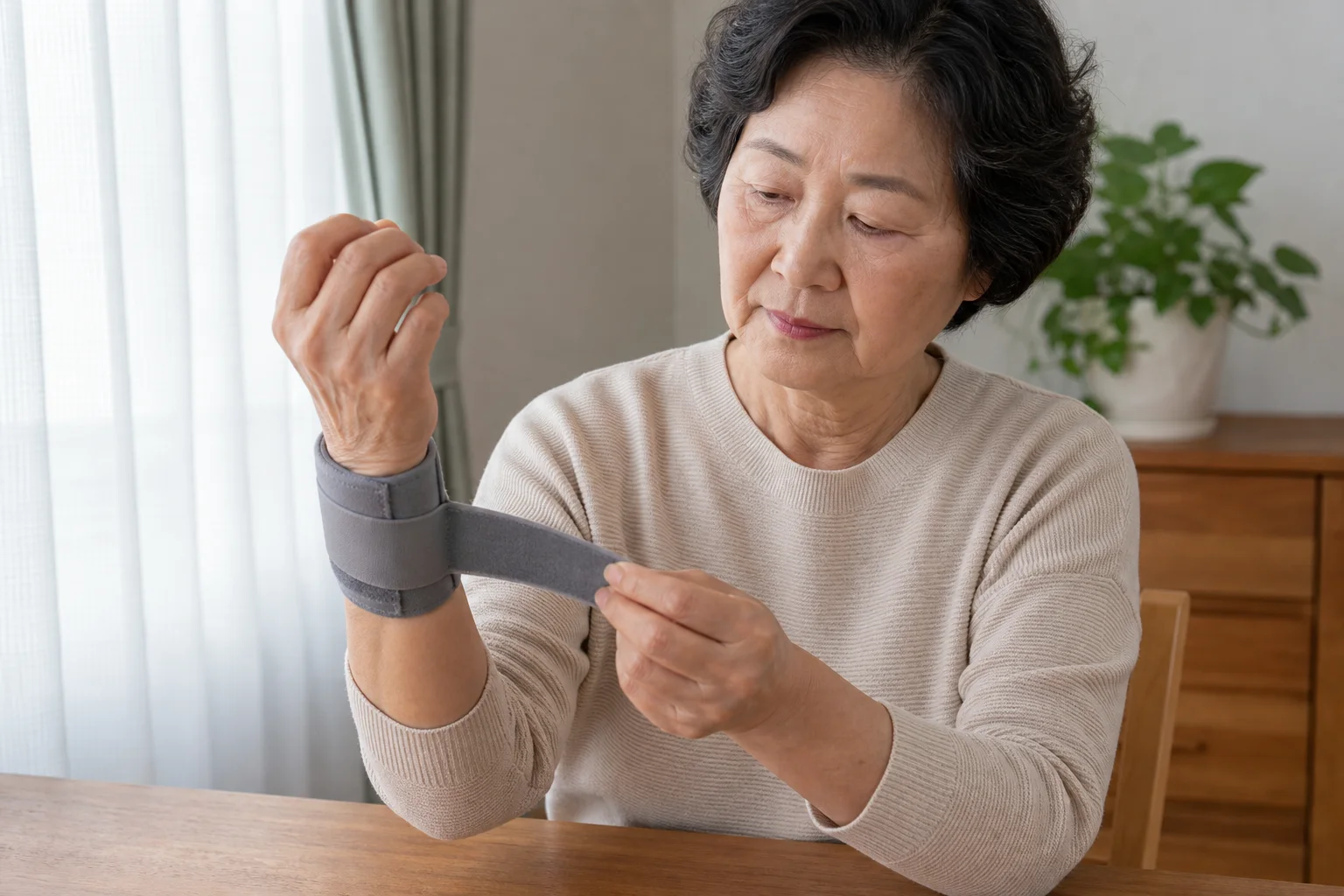 손목 보호대의 스트랩을 직접 조절하는 어르신