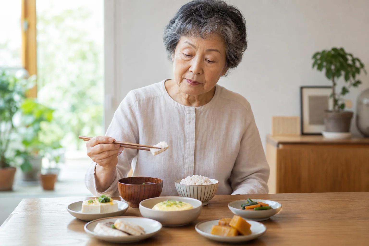 부드럽게 조리한 반찬을 소량씩 먹는 어르신
