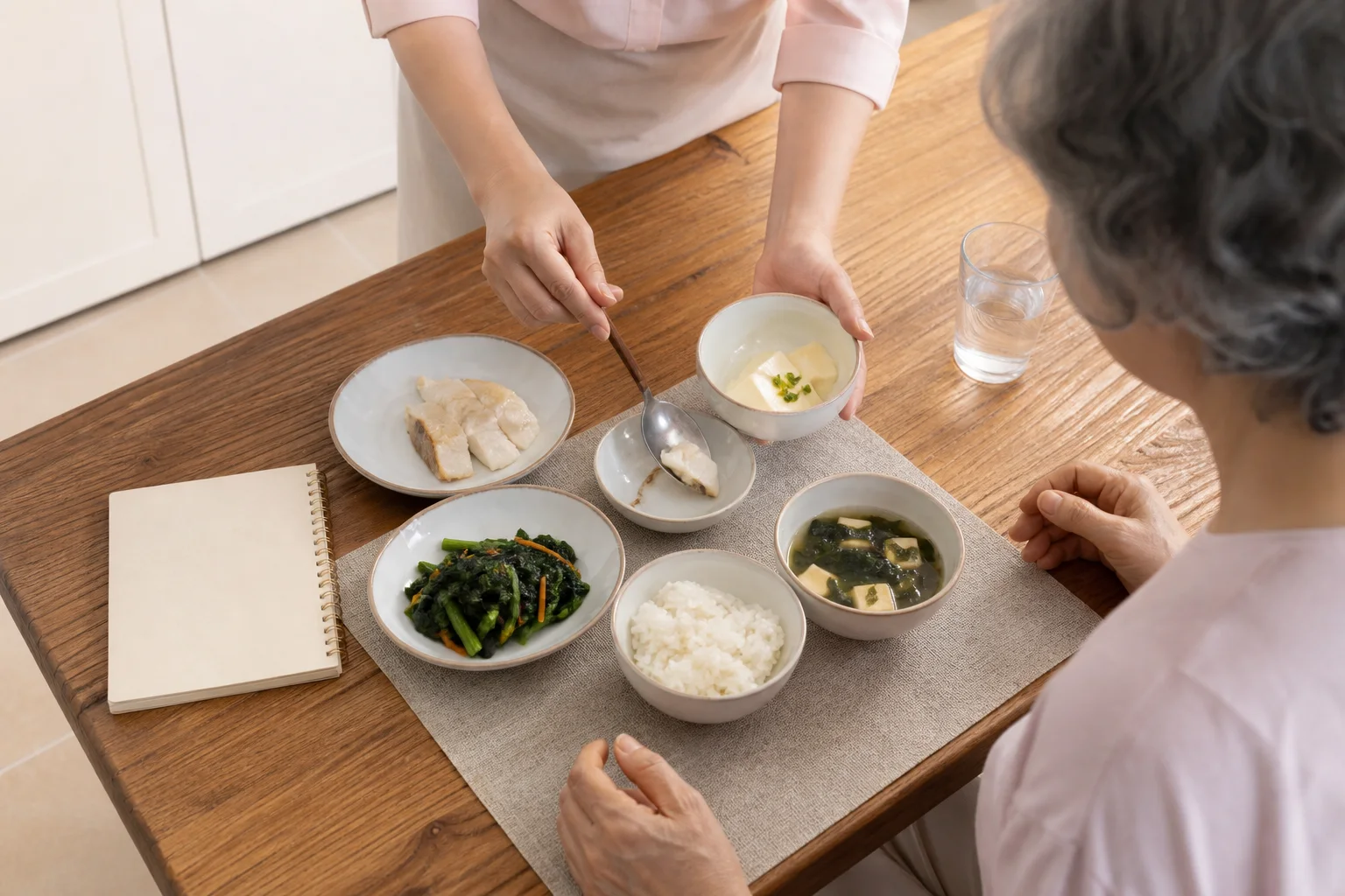 생선·두부·익힌 채소를 부드럽게 나누어 담는 모습