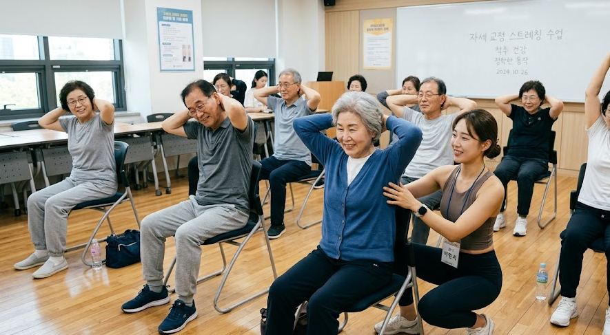 강의실에서 자세 교정 스트레칭을 지도받는 시니어 수강생들