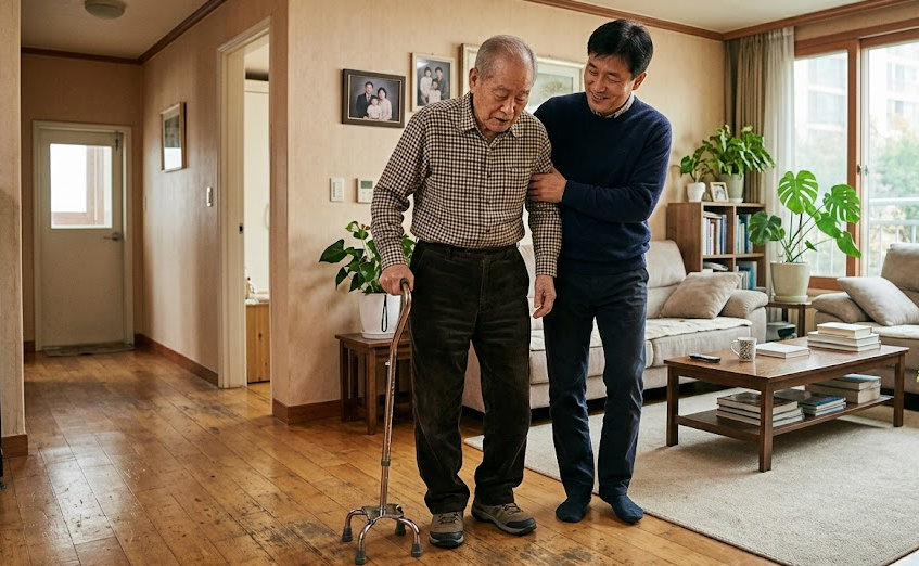 거동이 불편한 어르신이 보호자의 도움을 받으며 실내를 천천히 이동하는 모습