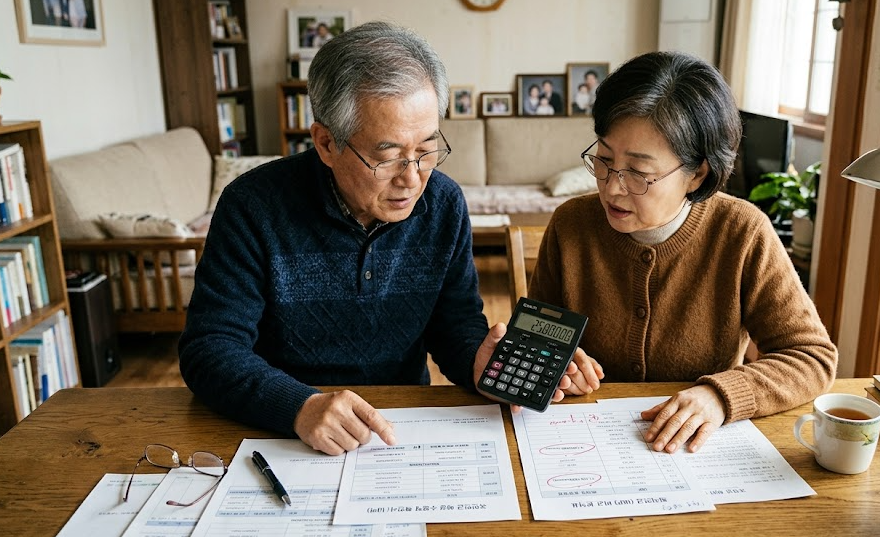 계산기와 서류를 놓고 노후 연금 예상 수령액을 비교 검토하는 모습