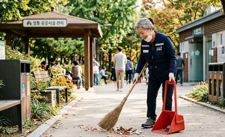 공익활동형 일자리로 공공시설 청결을 관리하는 어르신의 활동