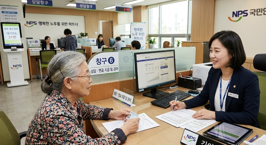 국민연금공단 창구에서 상담을 진행하는 모습