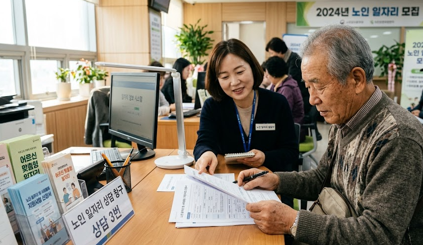 노인 일자리 상담 창구에서 신청 서류를 확인하는 어르신