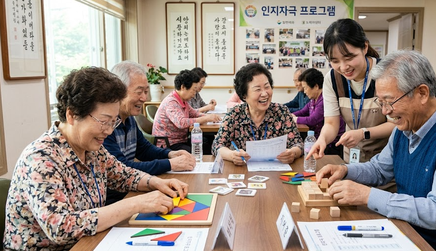 노인이 쉼터 인지자극 프로그램 참여 하는 모습 사진 이미지.