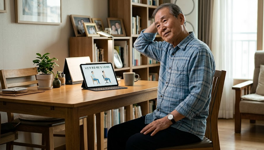 노인이 안전하게 집에서 목 스트레칭 하는 모습